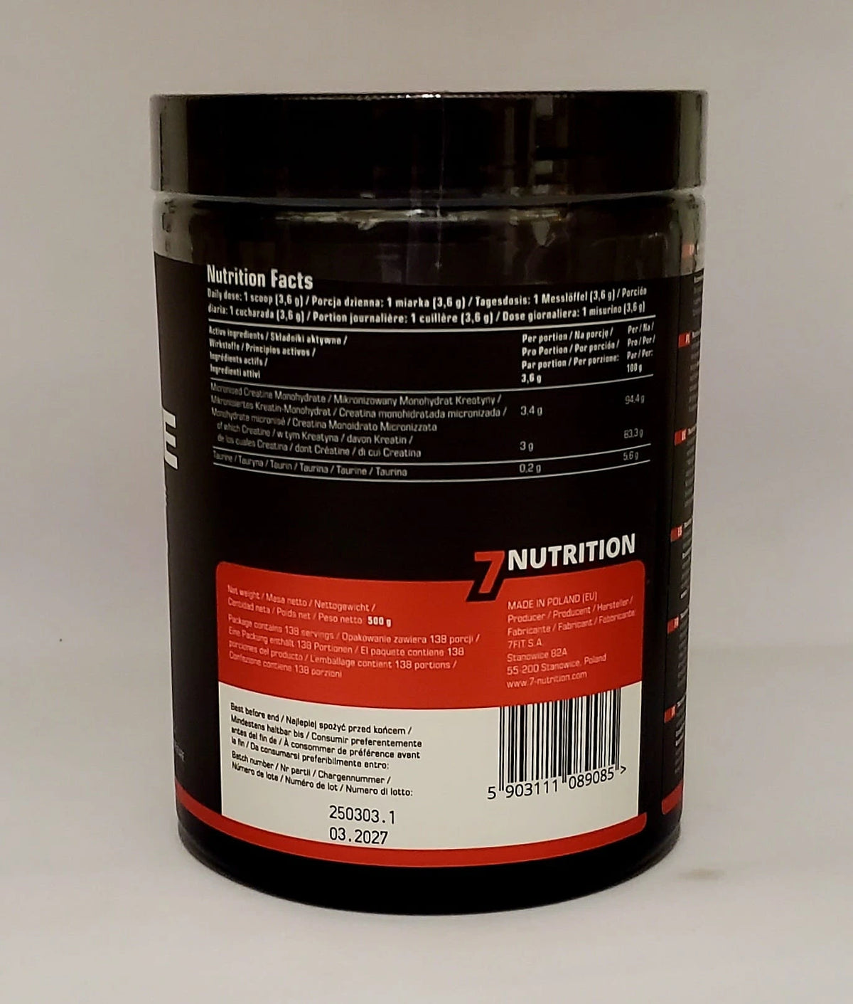 7Nutrition Kreatin-Monohydrat Dose mit Nährwertangaben, 500g, für Sport und Training