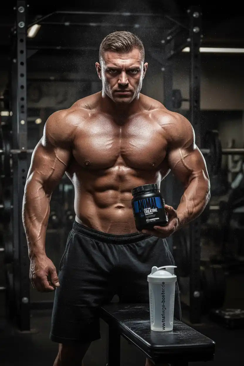 Muskulöser Bodybuilder mit Kreatin-Booster im Fitnessstudio, ideal für Muskelaufbau und Training