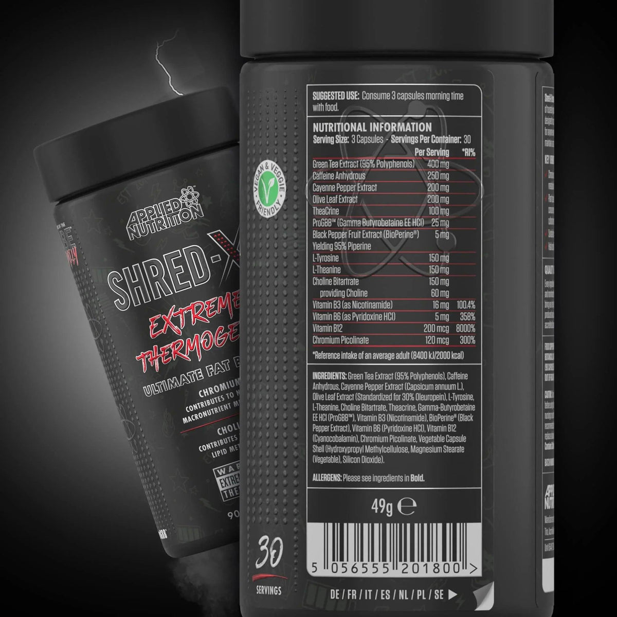 Applied Nutrition Shred-X Extreme Thermogen, Fatburner mit Nährwertangaben und veganer Kennzeichnung