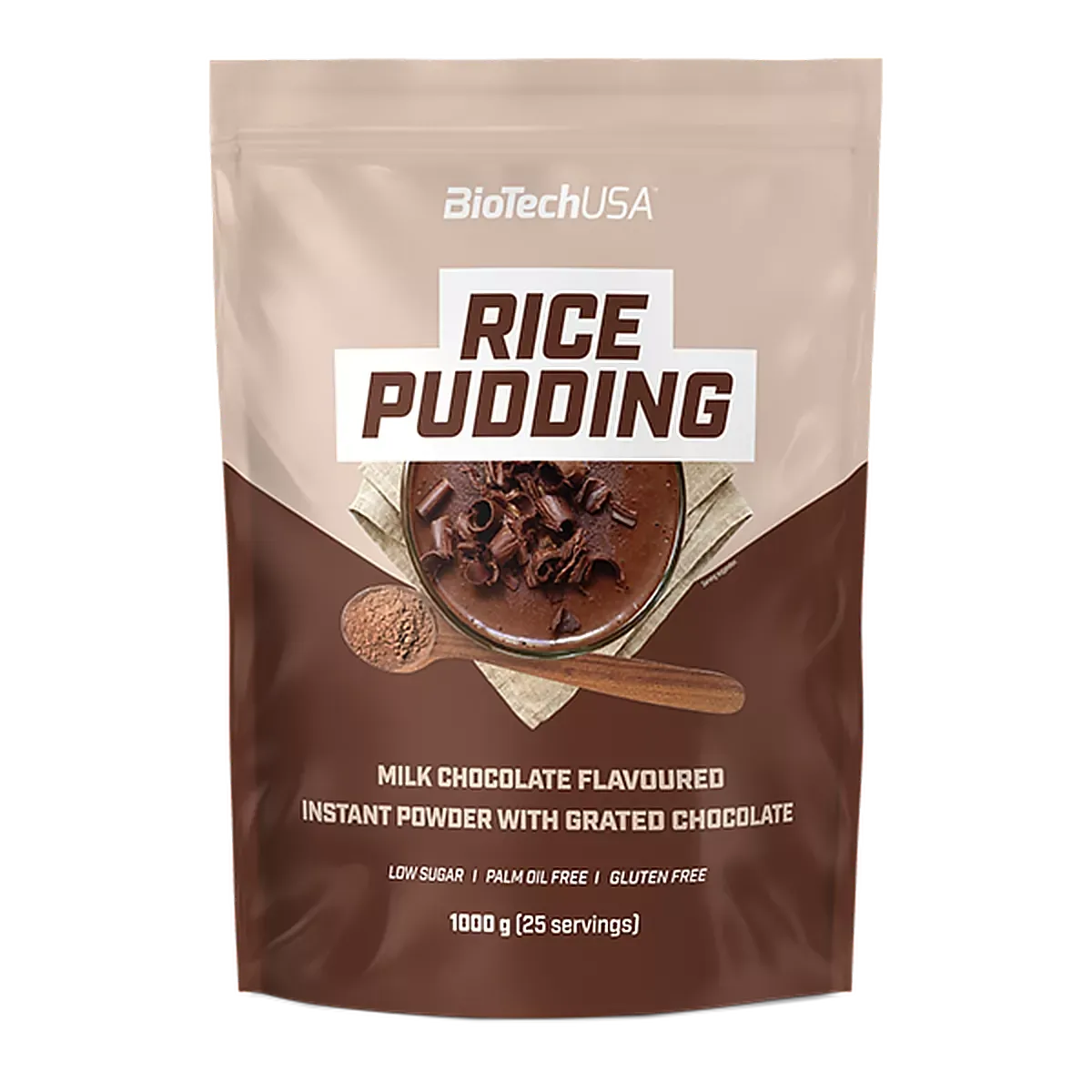 Milchschokoladen-Rice-Pudding-Pulver mit geriebener Schokolade, glutenfrei und zuckerarm