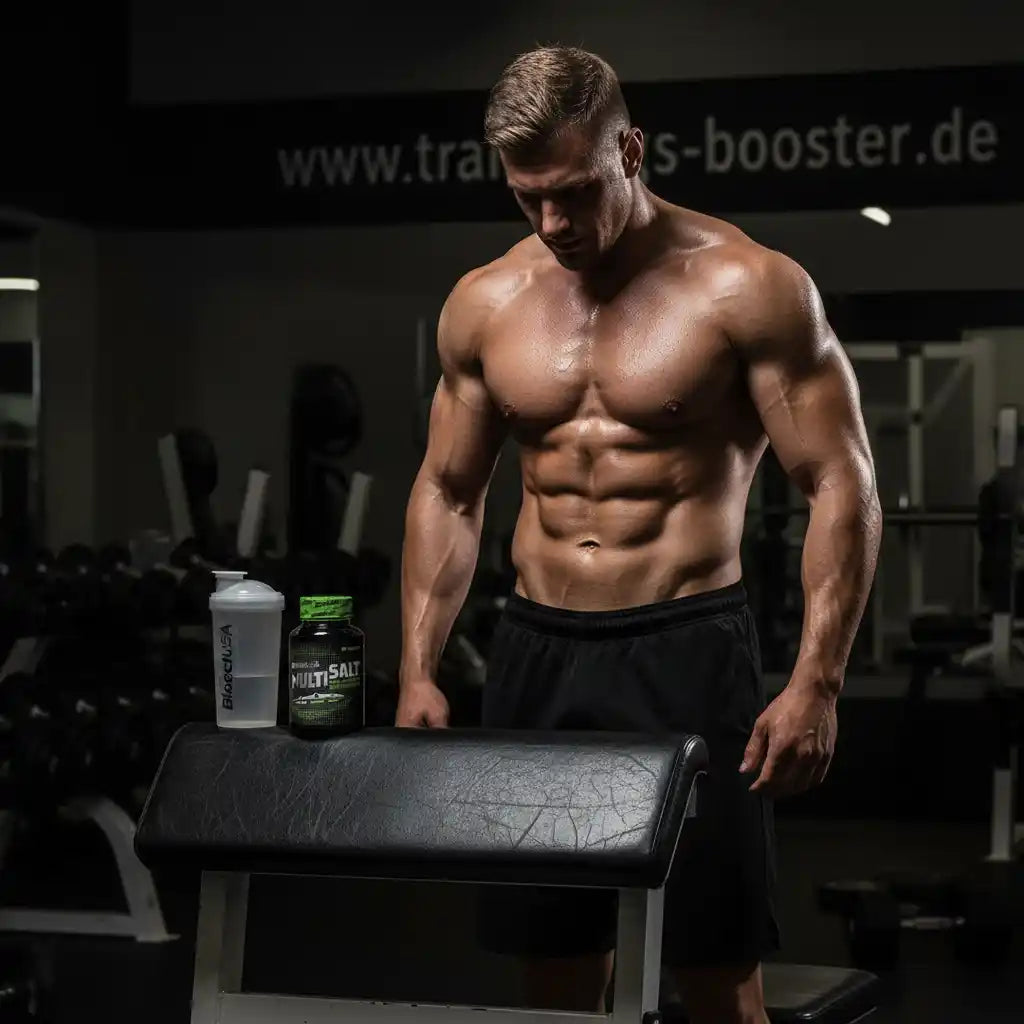 Muskulöser Mann im Fitnessstudio mit Multi-Salt-Booster und Shaker