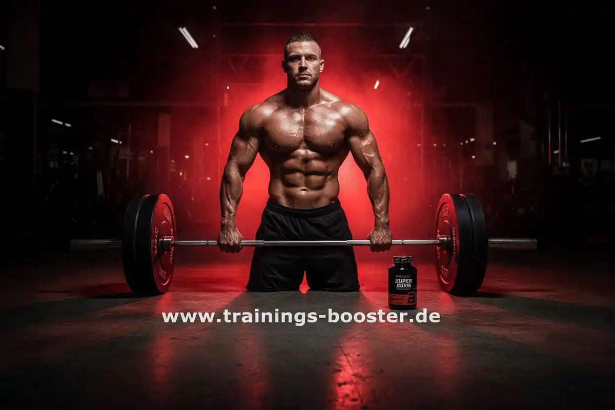 Muskulöser Athlet mit Langhantel und Fatburner-Booster im Fitnessstudio