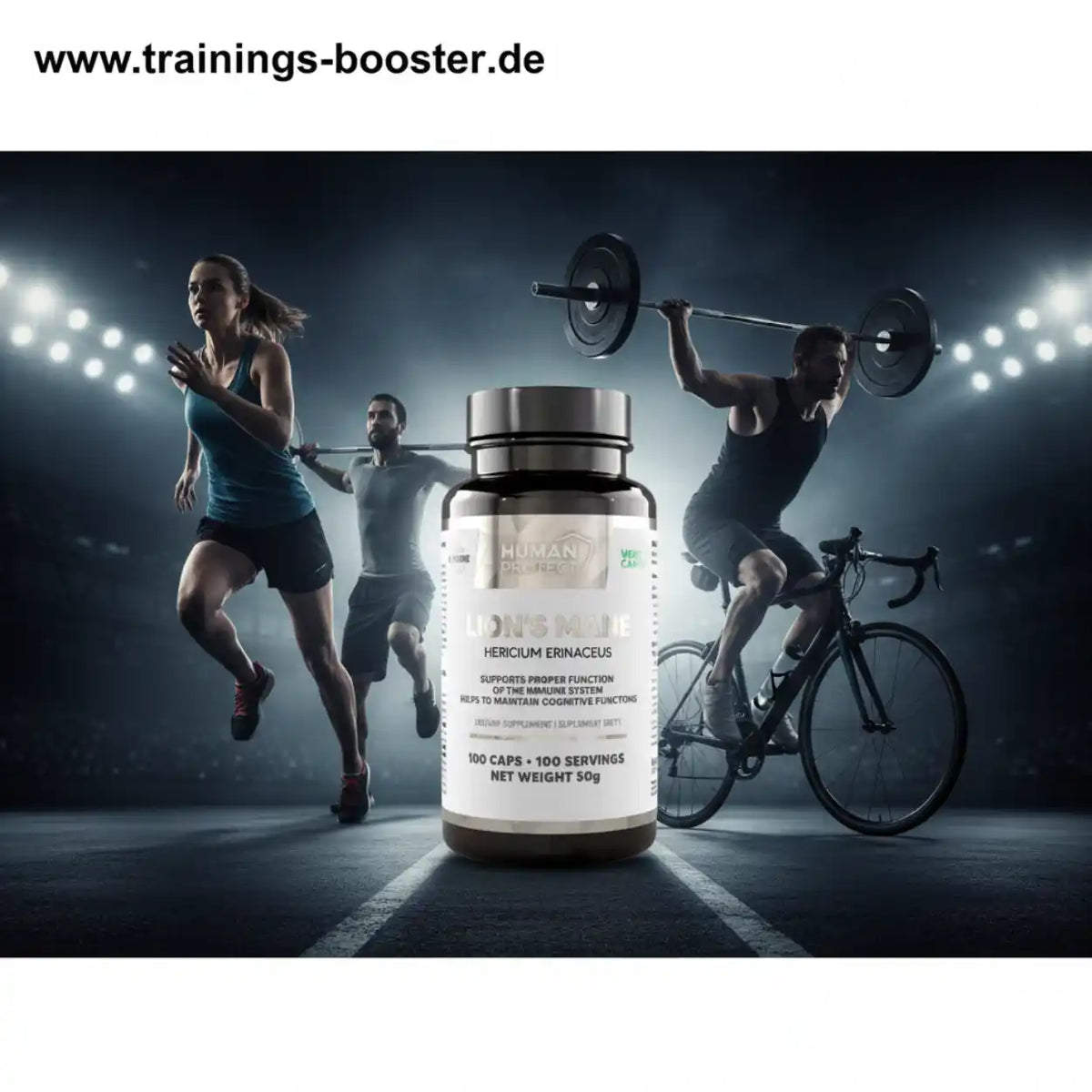 Human Protein Lion's Mane Nahrungsergänzungsmittel vor Sportlern und Rennrad