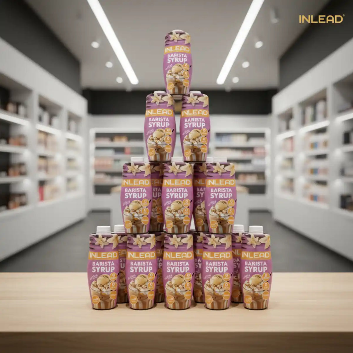Pyramidenförmige Stapel von Inlead Nutrition Barista Syrup Flaschen in einem hellen Laden.