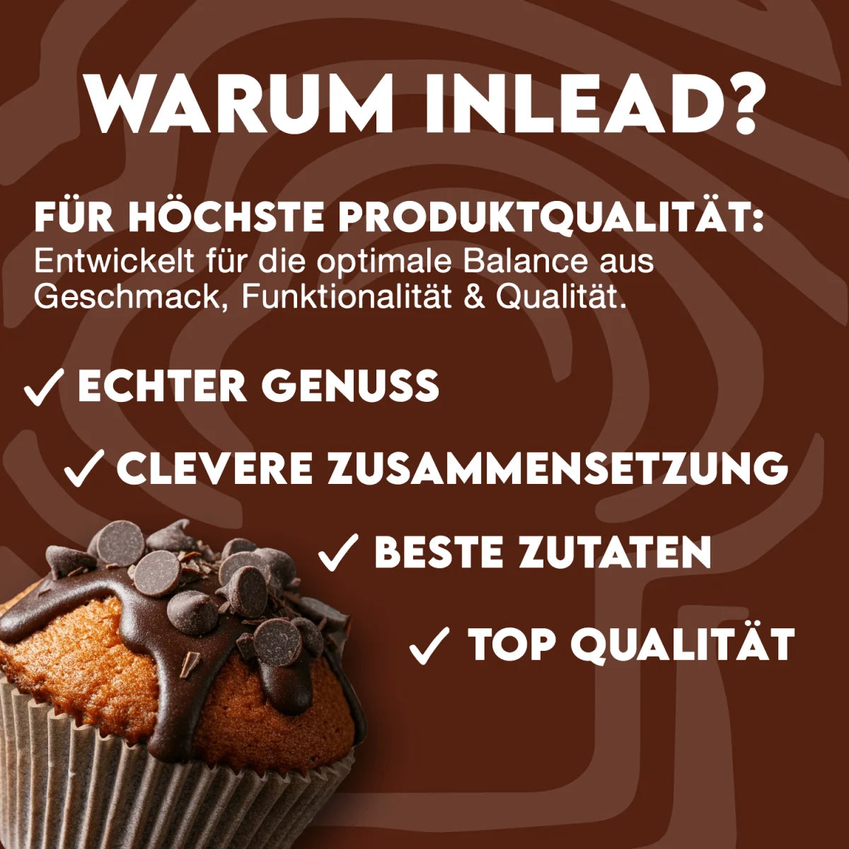 Inlead Nutrition Werbebild mit einem Schokoladen-Muffin und Vorteilen zur Produktqualität.