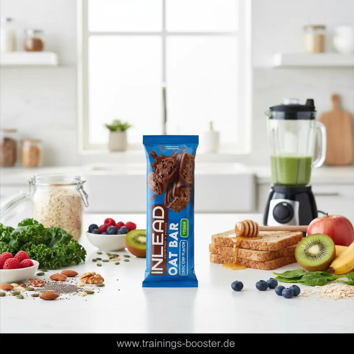 Inlead Nutrition Oat Bar in Schokolade-Geschmack mit frischem Obst und Haferflocken in der Küche.