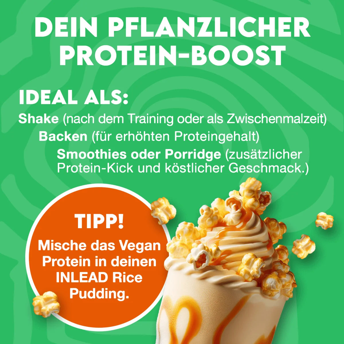 Inlead Nutrition Vegan Protein Anwendungstipps mit Dessert-Illustration auf grünem Hintergrund.