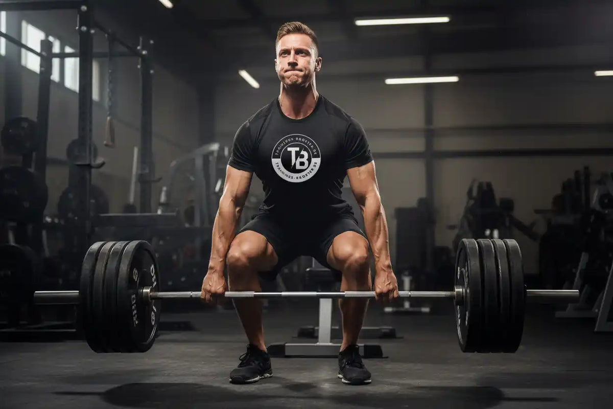 Muskulöser Mann macht Kniebeugen mit einer Langhantel im Fitnessstudio.
