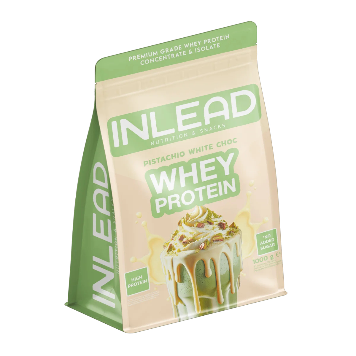 INLEAD Whey Protein Pistazie-Weißschokolade, hochwertiges Eiweißpulver ohne Zuckerzusatz, 1000g