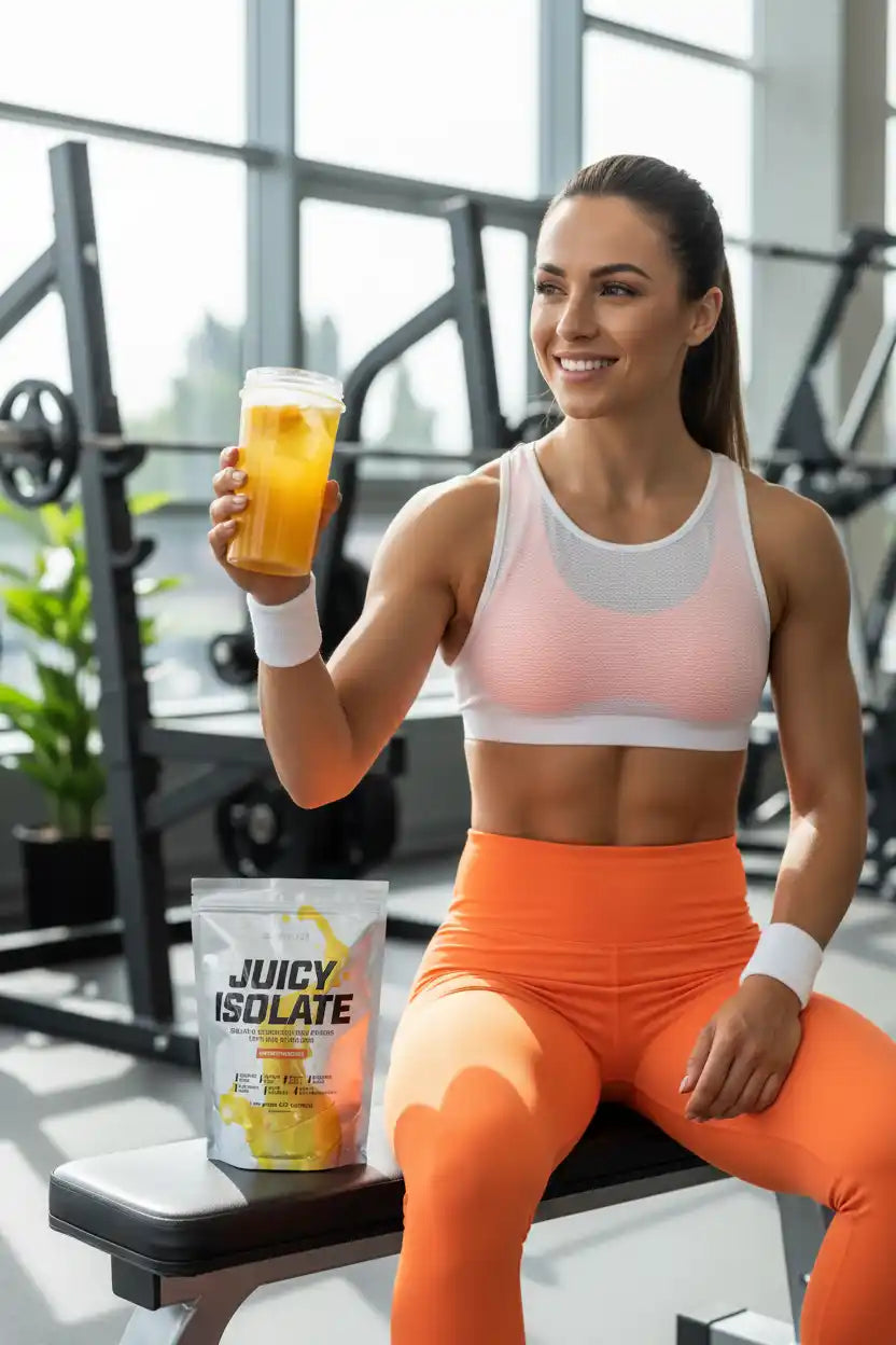 Frau im Fitnessstudio mit Juicy Isolate Proteinshake und Beutel, ideal für Muskelaufbau und Training