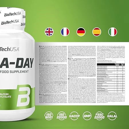 BioTechUSA A-Day Nahrungsergänzungsmittel Dose mit Zutatenliste und Zertifizierungen