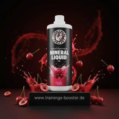 Mineral Liquid Getränkekonzentrat Kirsche zur Sportnahrung auf dunklem Hintergrund mit Kirschen.