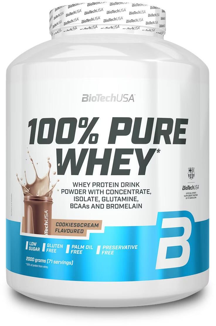 BioTechUSA 100% Pure Whey Protein Powder Cookies & Cream, glutenfrei, low sugar, 2000g