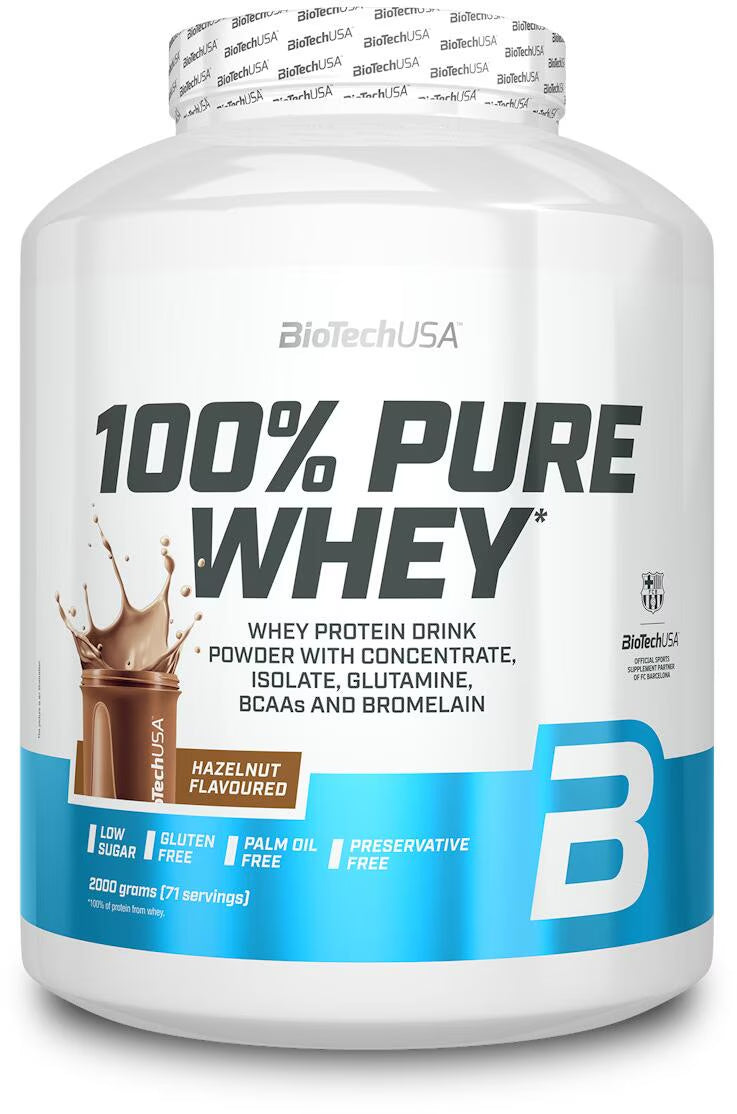 BioTechUSA 100% Pure Whey Protein Pulver, Haselnuss-Geschmack, Low Sugar, Glutenfrei, 2000g