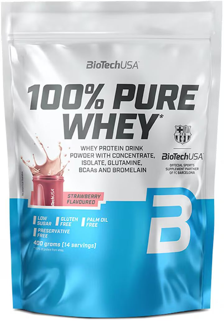 BioTechUSA 100% Pure Whey Protein Pulver, Erdbeergeschmack, glutenfrei, 400g
