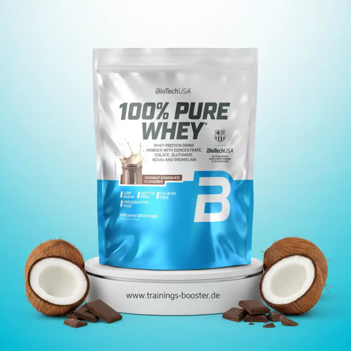 BioTechUSA 100% Pure Whey Protein Pulver, Kokos-Schokoladen-Geschmack, mit Kokosnüssen und Schokolade
