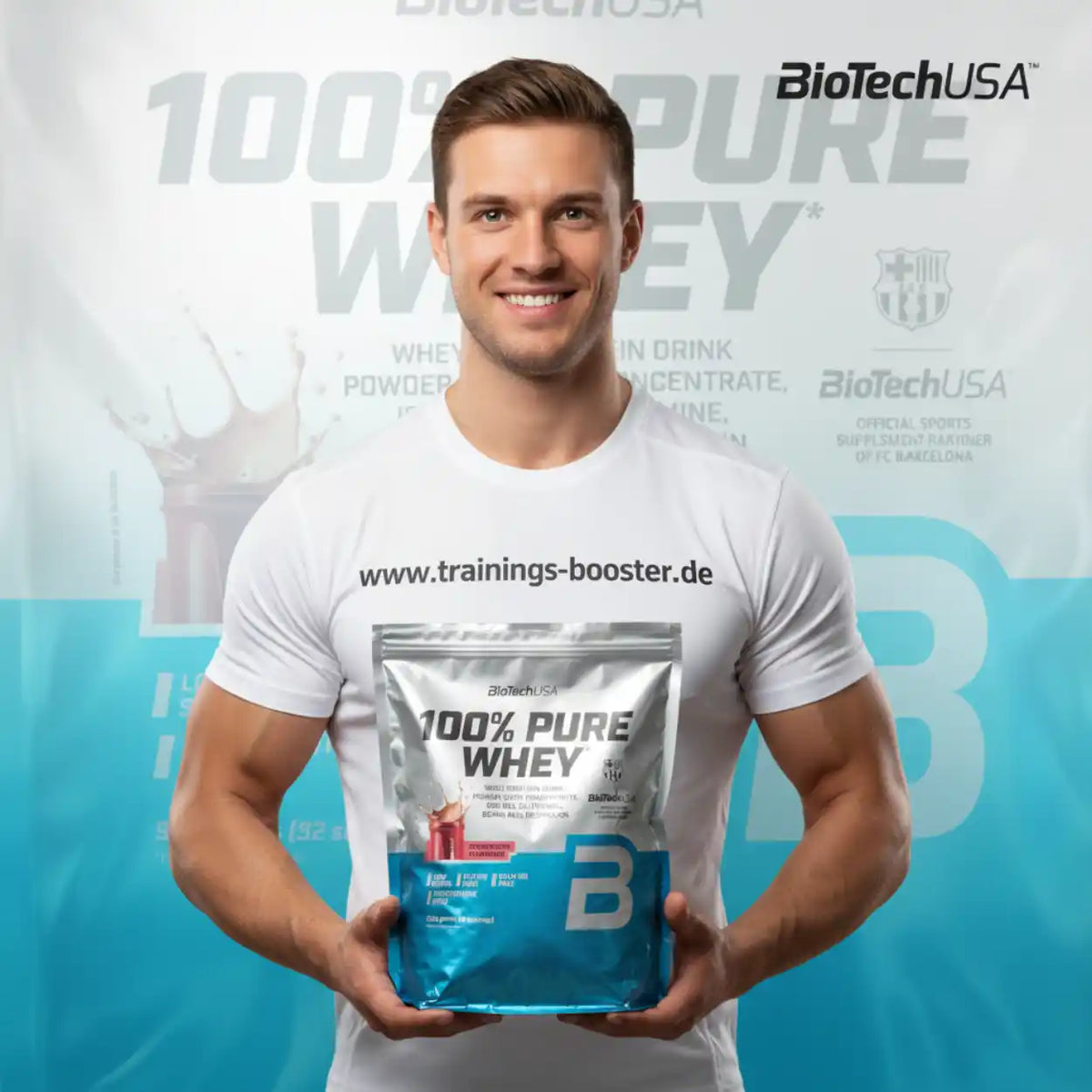 Muskulöser Mann mit BioTechUSA 100% Pure Whey Protein für Sport und Fitness