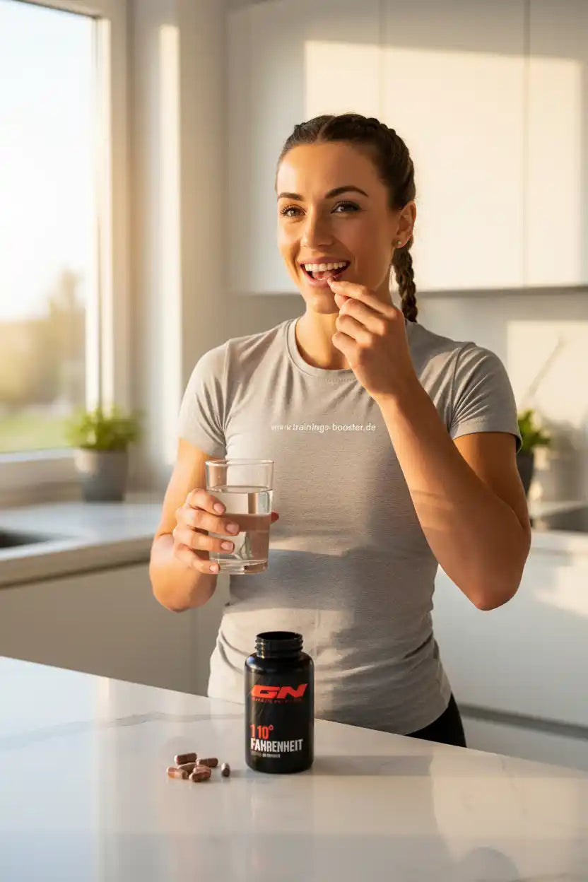 Frau nimmt Nahrungsergänzungsmittel mit Wasser ein, ideal für Sport und Fitness