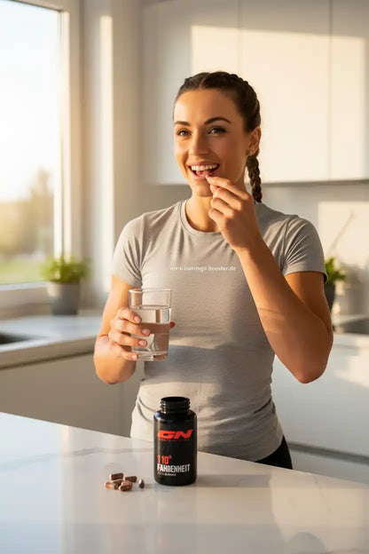 Frau nimmt Nahrungsergänzungsmittel mit Wasser ein, ideal für Sport und Fitness