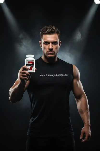 Muskulöser Mann hält eine Dose Ashwagandha Nahrungsergänzungsmittel vor dunklem Hintergrund.