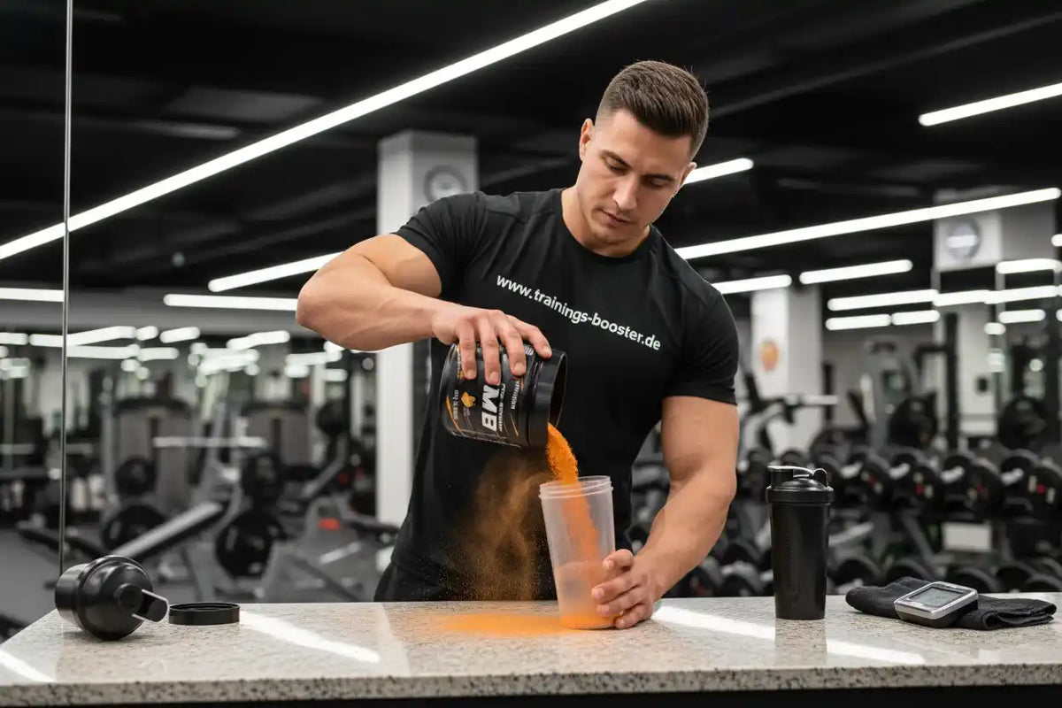Muskulöser Mann gießt orangefarbenen Booster in Shaker im Fitnessstudio