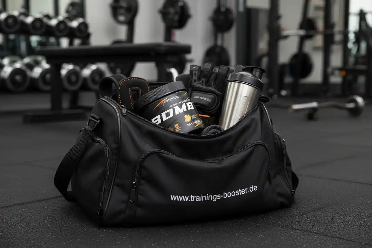 Schwarze Sporttasche mit Booster, Shaker & Trainingszubehör im Fitnessstudio