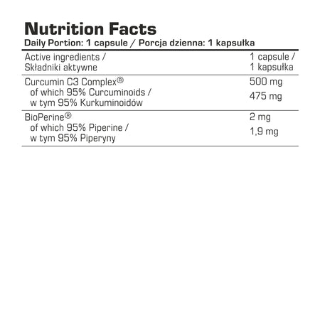 Nährwertangaben für Curcumin C3 Complex® und BioPerine® in Kapseln, ideal für Sportler und Fitness-Enthusiasten