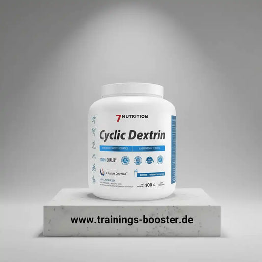 Weiße Dose 7Nutrition Cyclic Dextrin Nahrungsergänzungsmittel auf weißem Sockel