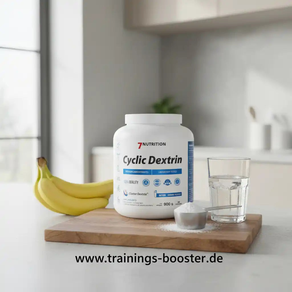 7Nutrition Cyclic Dextrin Nahrungsergänzungsmittel Dose mit Pulver und Wasserglas auf Holzbrett