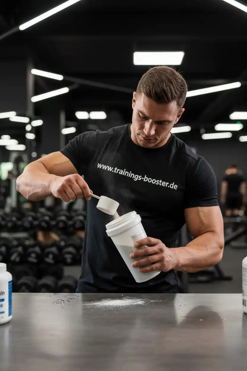 Muskulöser Mann füllt Sportnahrung mit einem Messlöffel in einen Shaker im Fitnessstudio.