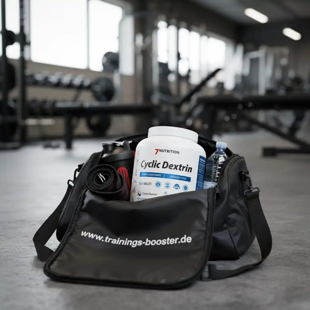 7Nutrition Cyclic Dextrin Sportnahrung in einer schwarzen Sporttasche im Fitnessstudio