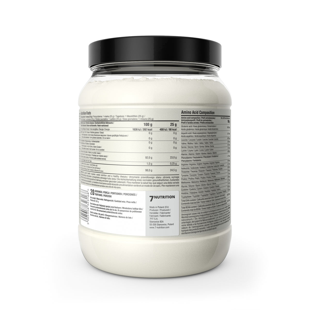 7NUTRITION Eiweißpulver mit Nährwertangaben und Aminosäurenprofil, ideal für Sportler und Fitness-Training
