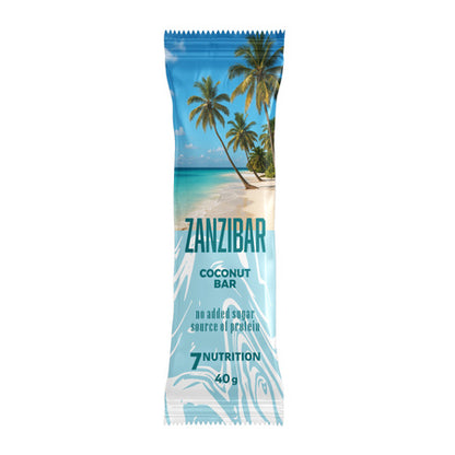 Zanzibar Coconut Bar – proteinreicher Snack ohne zugesetzten Zucker, 40g, tropisches Design mit Palmen