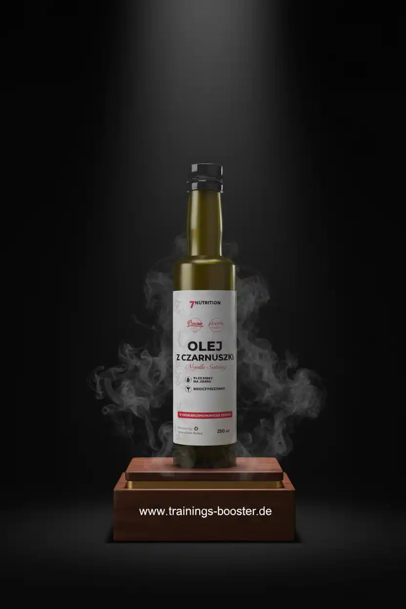 Flasche Schwarzkümmelöl von 7Nutrition auf einem Holzpodest vor dunklem Hintergrund