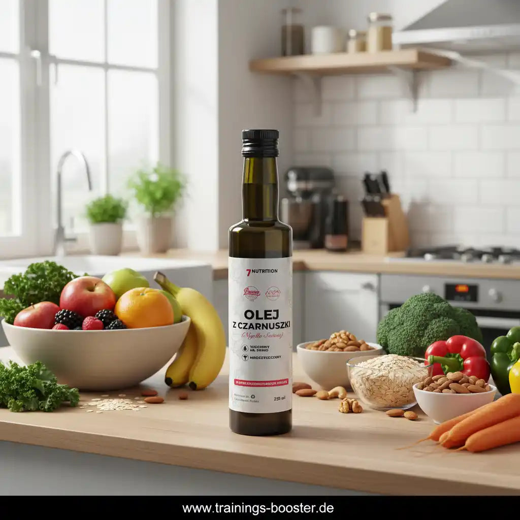 Flasche Schwarzkümmelöl von 7Nutrition auf einer Küchenplatte mit frischem Obst und Gemüse