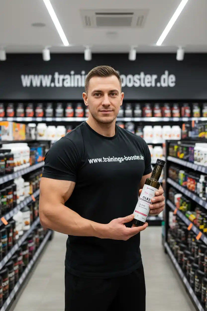 Muskulöser Mann hält eine Flasche Omega-3 Nahrungsergänzungsmittel im Sportnahrungsshop.