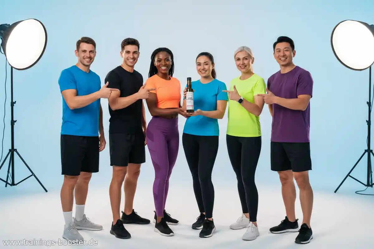 Gruppe sportlicher Menschen in farbiger Sportkleidung präsentieren ein Nahrungsergänzungsmittel.