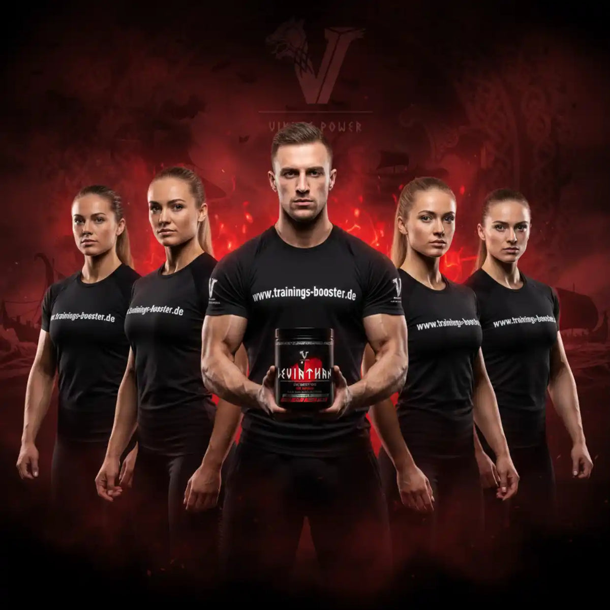 Gruppe von muskulösen Sportlern mit Trainings-Booster Supplement vor dramatischem rotem Hintergrund