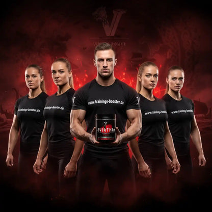 Gruppe von muskulösen Sportlern mit Trainings-Booster Supplement vor dramatischem rotem Hintergrund