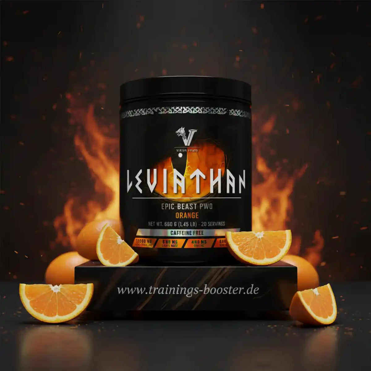 Leviathan Epic Beast PWO Pre-Workout Supplement in Orange mit frischen Orangenscheiben vor Feuerhintergrund