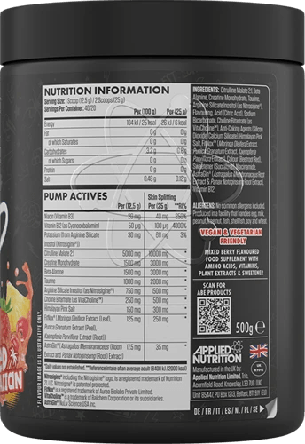 Nährwertangaben und Inhaltsstoffe von Applied Nutrition Pump Actives Booster für Training und Fitness