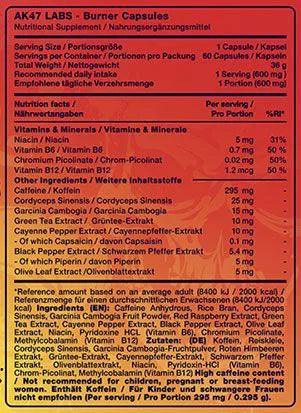 Nährwertangaben für AK47 LABS Burner Kapseln mit Vitaminen und Koffein