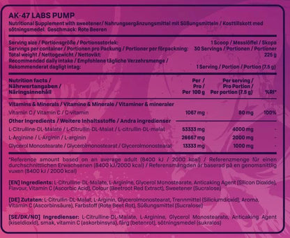 AK-47 Labs Pump Nahrungsergänzungsmittel mit Vitamin C, L-Citrullin und L-Arginin für Sportler
