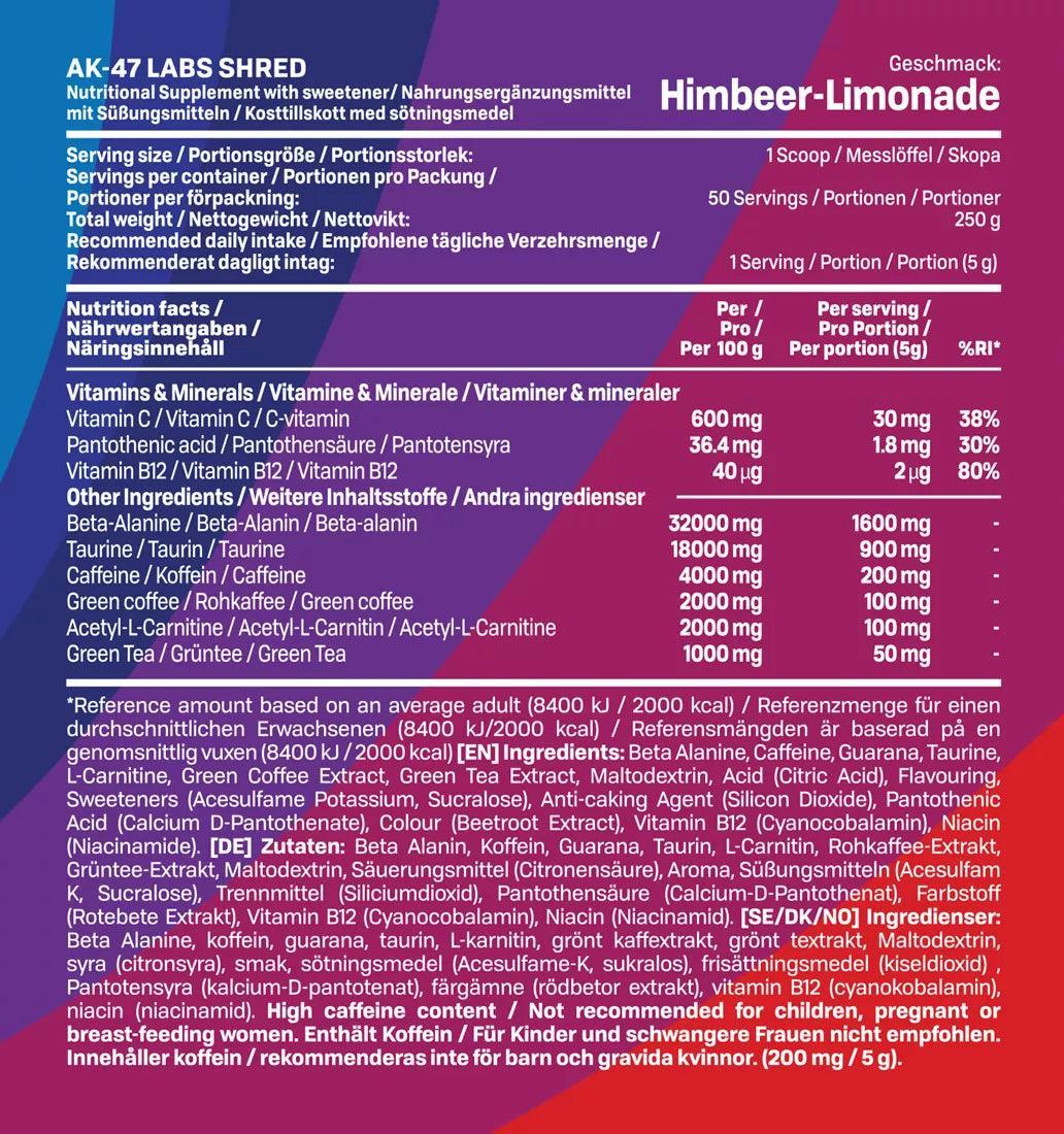AK-47 Labs Shred Himbeer-Limonade Nahrungsergänzung mit Koffein und Vitaminen