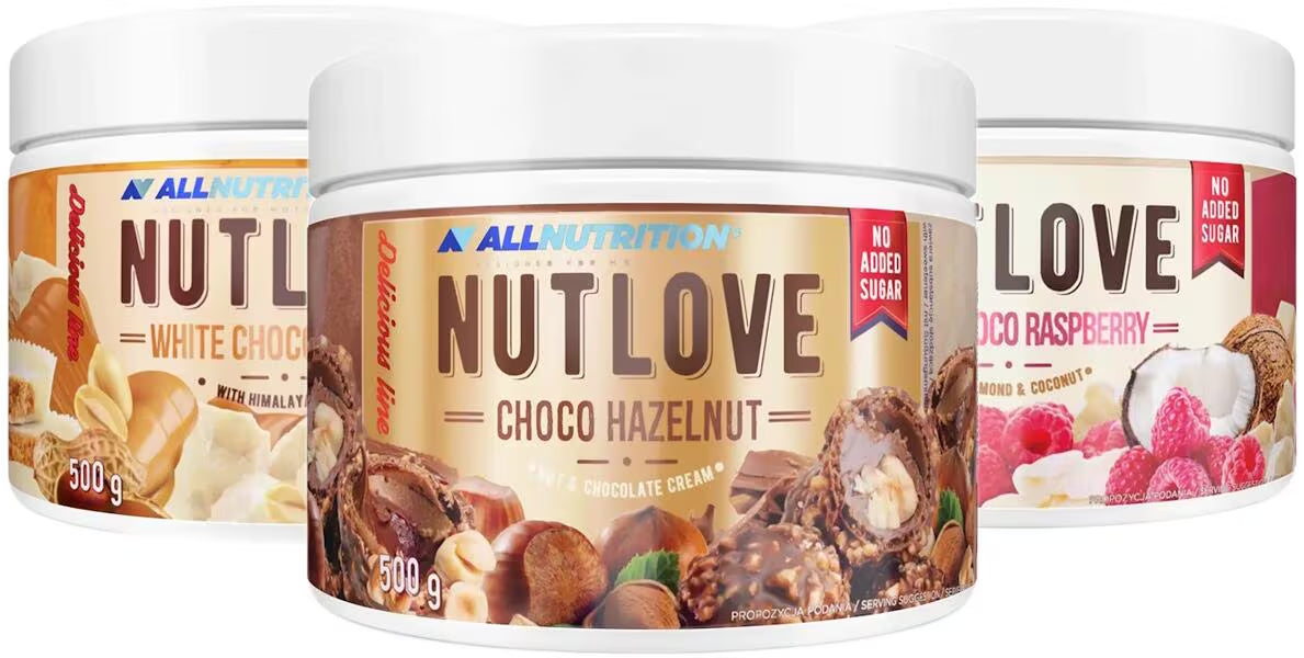 Drei Becher Nutlove Nusscreme in den Geschmacksrichtungen Schoko-Haselnuss, Weißschokolade und Himbeere.