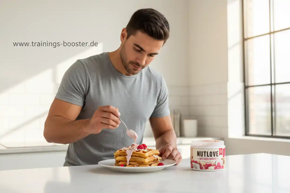 Muskulöser Mann mit Protein-Pancakes und Nutlove Nussbutter, ideal für Sportler und Fitness-Enthusiasten