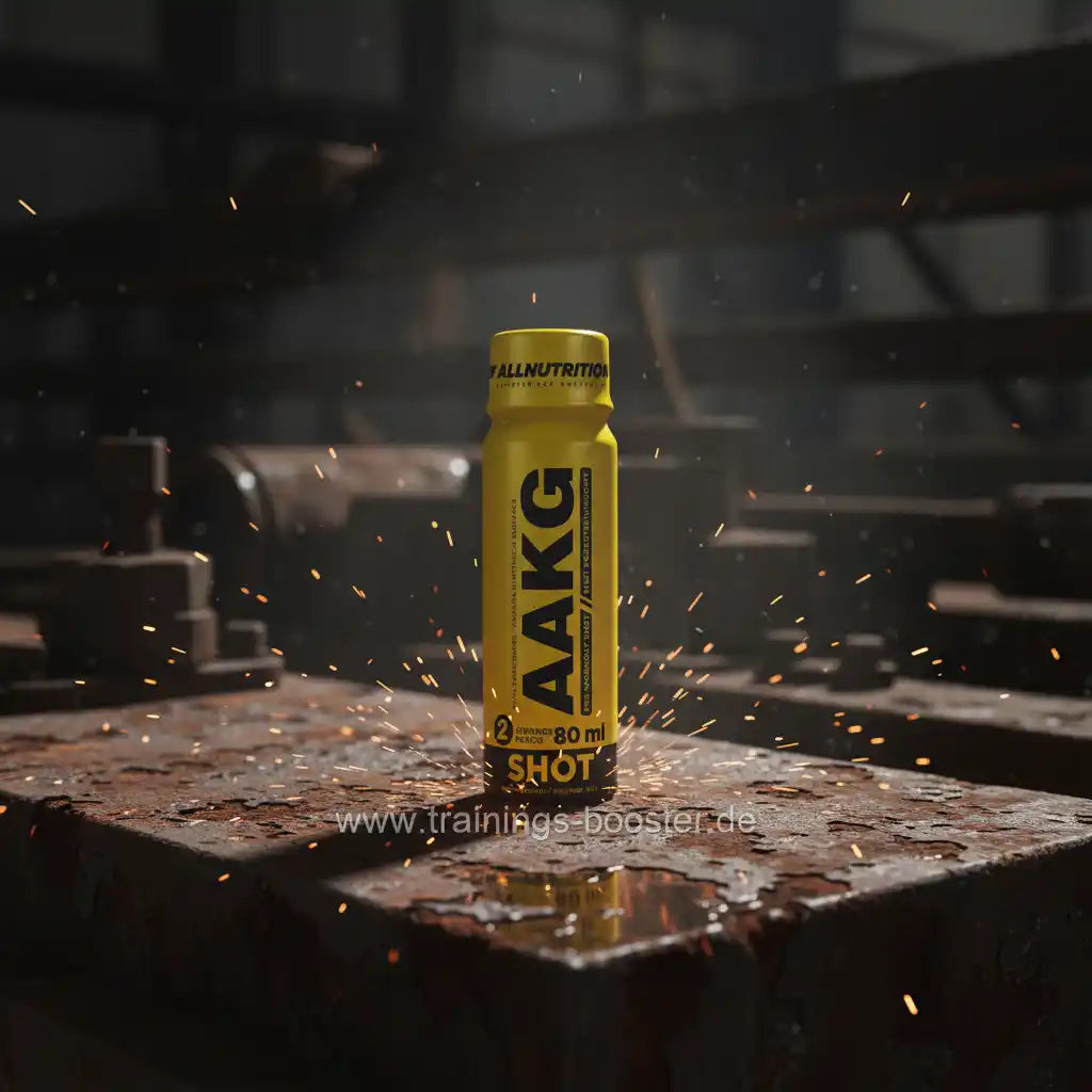 AAKG Shot 80 ml für Training und Fitness, gelbe Flasche mit Funken im Industriedesign