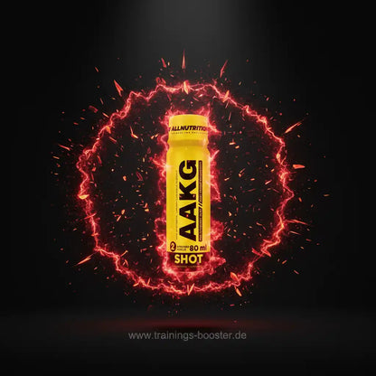 AAKG Shot von AllNutrition – 80 ml Trainingsbooster mit Energieeffekt, umgeben von leuchtendem Energiekreis