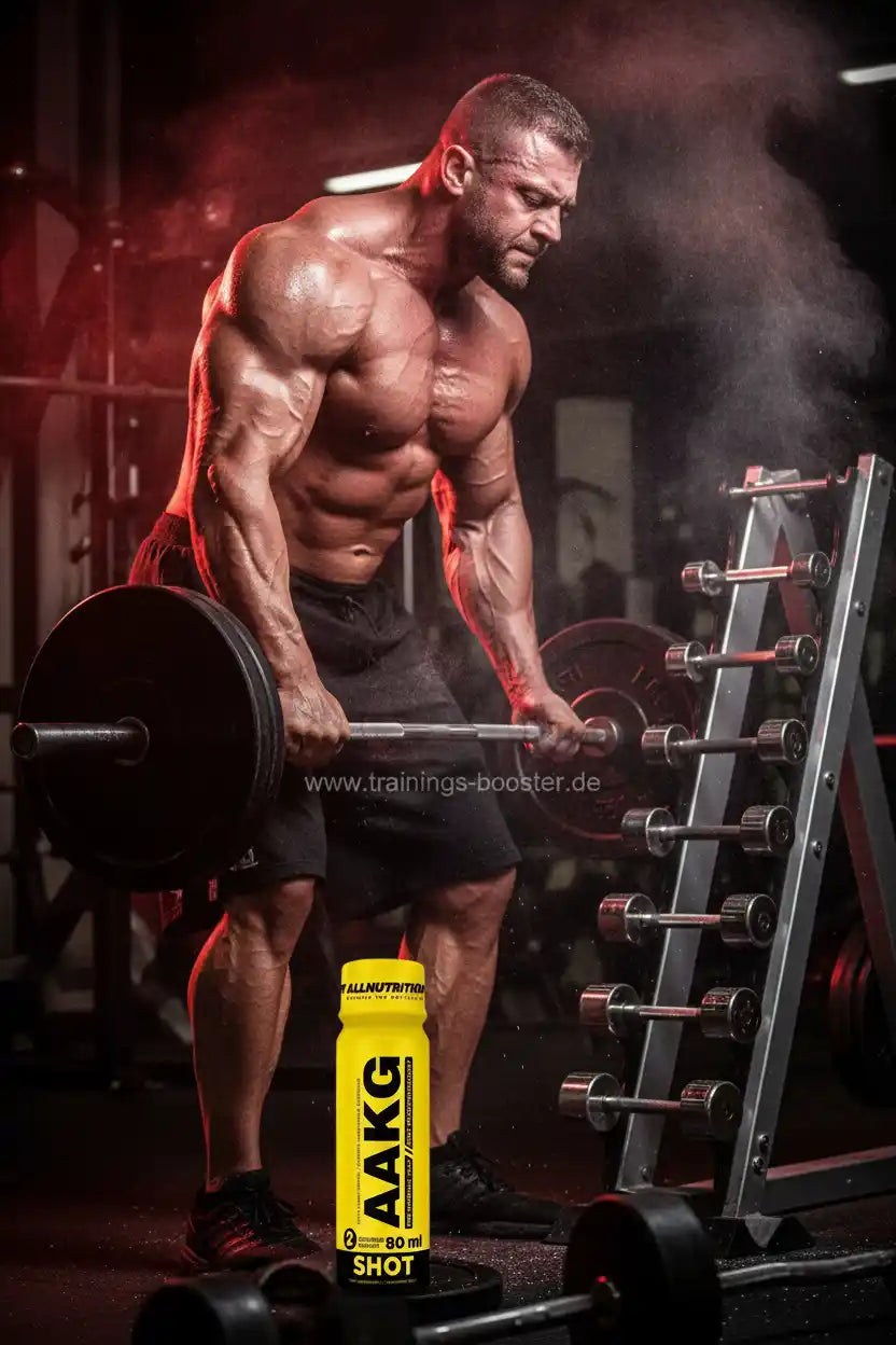 Muskulöser Athlet beim Gewichtheben mit AAKG Shot Booster im Fitnessstudio