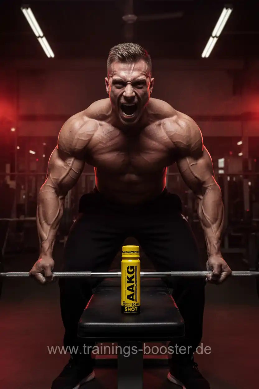 Muskulöser Athlet mit AAKG Shot im Fitnessstudio – Trainingsbooster für Kraft & Ausdauer